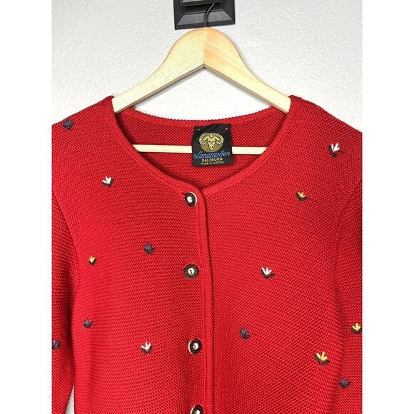 Lanamoden Salzburg Red Floral Embroidery Wool Chunky Knit Cardigan Sweater - Picture 2 of 3